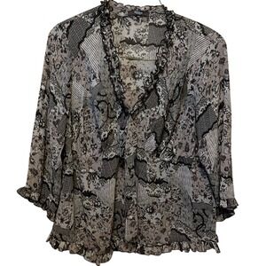 Belissimo New York Womens 1X Mesh Ruffle Blouse Patchwork Lace Floral Print Grey